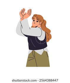 Happy girl hands up, clapping to show support. Young woman rejoices, celebrates win. Employee applauding, greeting, congratulate with success by applause. Flat isolated vector illustration on white