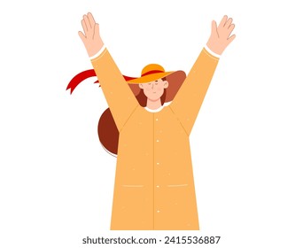 Happy girl with hands up. Excited girl with raised hands up, lady with elegant hat cartoon vector illustration