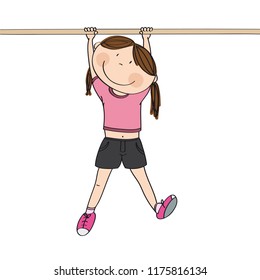 Happy girl hanging on a horizontal bar or a monkey bar in the gym or on the playground - original hand drawn illustration