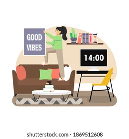 Happy girl hanging on the wall Good vibes home decor sign, flat vector illustration. Positive energy decor, wall room decoration with inspirational quote. Home improvement vibes.