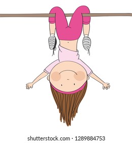 Happy girl hanging upside down on a horizontal bar or a monkey bar in the gym or on the playground, having fun - original hand drawn illustration