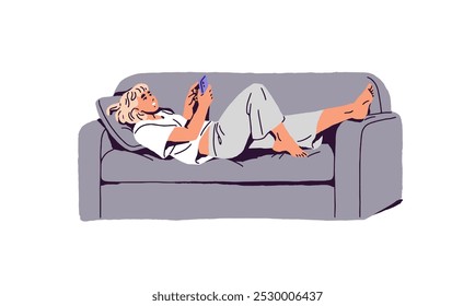 Happy girl tem um descanso no confortável sofá e surfar na internet pelo smartphone. Adolescente relaxa no sofá, detém telefone e assiste vídeo, bate-papos on-line. Ilustração de vetor isolado plano em branco