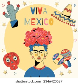 happy girl in a hat with flowers.Poster VIVA MEXICO. Vector illustration