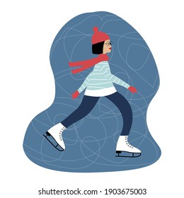 Happy girl in the hat and the scarf is skating
