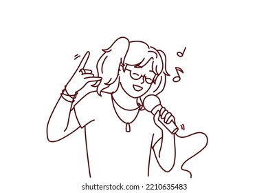 Happy girl have fun singing in microphone in karaoke. Smiling child enjoy leisure time sing song in mic in club. Entertainment and hobby. Vector illustration. 