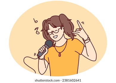 Happy girl have fun singing in microphone in karaoke. Smiling child enjoy leisure time sing song in mic in club. Entertainment and hobby. Vector illustration.