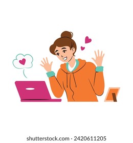 Happy girl having chat online, greeting, talk to relatives, friends, or boyfriend