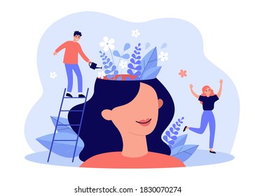 Happy girl having great mental health and positive mood. Tiny man watering flowers inside womans head. For psychology, genius, growth, development, intelligence concept