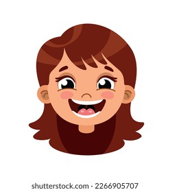 Happy girl head for animation. Charming character rejoices with open mouth, smiles. Positive emotions and good mood, facial expressions. Constructor and body part. Cartoon flat vector illustration