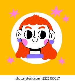 Happy girl head portrait. Cute smiling redhead child with freckles on face, ginger hair. Adorable kid student, schoolgirl. Flat vector illustration isolated on white background