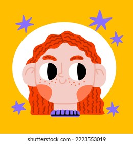 Happy girl head portrait. Cute smiling redhead child with freckles on face, ginger hair. Adorable kid student, schoolgirl. Flat vector illustration isolated on white background