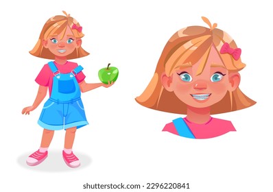 Happy girl head portrait. Cute smiling blond child and braces on teeth. Adorable kid student, schoolgirl. Cartoon vector illustration isolated on white background
