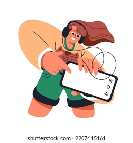 Happy girl in headphones holding mobile phone, showing empty blank smartphone screen, advertising, presenting online application. Flat graphic vector illustration isolated on white background