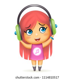 Happy girl headphones listen music isolated 3d cartoon design vector children Illustration