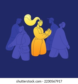 Happy girl in headphones listening to music. Outstanding optimistic woman in positive good mood, standing out among crowd. Psychology concept of happiness, optimism. Flat vector illustration