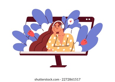 Happy girl in headphones listening to music. Young woman resting in headset enjoying relaxing sounds, audio, song. Relaxation melodies playlist. Flat vector illustration isolated on white background