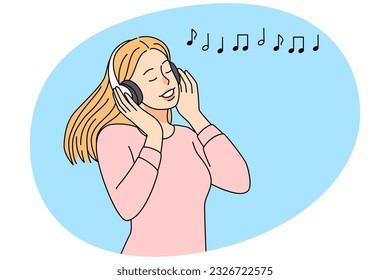 Happy girl in headphones listening to music. Smiling young woman enjoy good sound in earphones. Hobby and entertainment. Vector illustration.