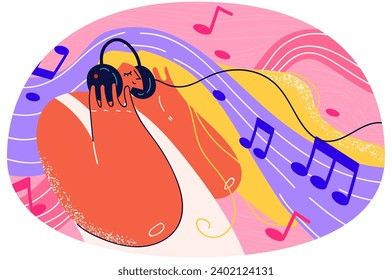 Happy girl in headphones listening to music. Smiling young woman enjoy good quality sound in headphones. Hobby and entertainment. Vector illustration.