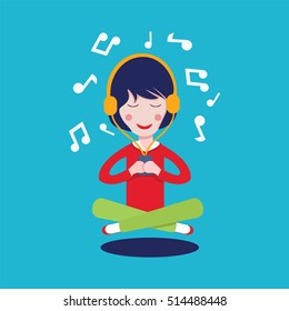 Happy Girl with headphones listening to the music. Vector illustration flat cartoon pretty woman