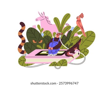 Happy girl with headphones listens to audiobook about nature, wildlife. Young woman with headset reads audio book about wild animals. Literature concept. Flat isolated vector illustration on white