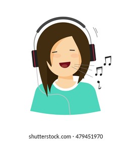 Happy girl with headphones singing isolated vector illustration, smiling joyful young woman in headset sing a song with melody sound notes, cheerful character flat cartoon style