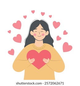 Happy girl with heart in hands valentine day vector illustration