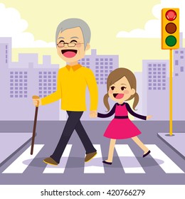 Happy girl helps grandfather crosswalking the street holding hands