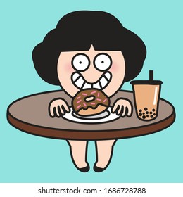 Happy Girl, With Her Desk Body, Getting Ready To Eat Treats Concept Card Character illustration