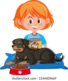 Happy girl with her dog on white background illustration