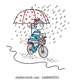 Happy girl with her dog rides bicycle under umbrella . Smiling girl rides bicycle in rain by road. Happiness concept. Fun trip. Simple characters. T-shirt design