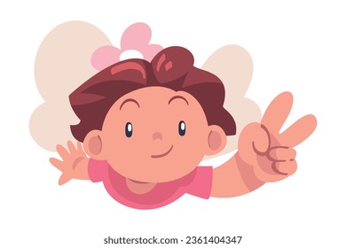 Happy Girl with Her Hand Up Show V Sign Above View Vector Illustration