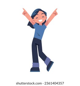 Happy Girl with Her Hands Up Point at Something Standing and Smiling Vector Illustration