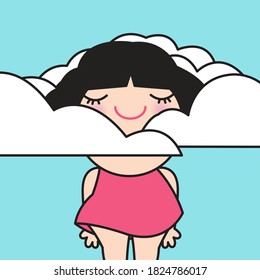 Happy Girl With Her Head In The Clouds Keep Breathing Of Fresh Air Concept Card Character illustration