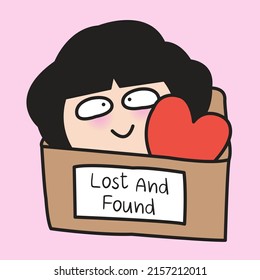 Happy Girl With Her Heart In Lost And Found Box Concept Card Character Illustration