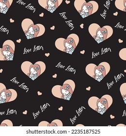 Happy Girl with Her Love Letter Vector Graphic Cartoon Seamless Pattern can be use for background and apparel design