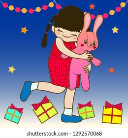 happy girl and her lovely bunny doll with special moment 