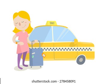 Happy girl with her luggage is waiting for arrival of a taxi. Flat design. Vector illustration.