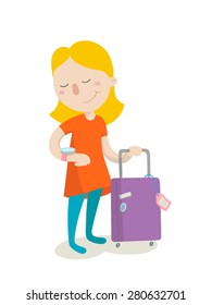 Happy girl with her luggage is waiting for departures plane. Flat design. Vector illustration.