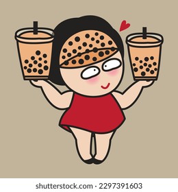 Happy Girl And Her Snow Globe Glass Ball Head With Boba Milk Tea Inside Concept Card Character illustration