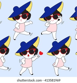 Happy Girl With Her Summer Hat Pattern Character illustration