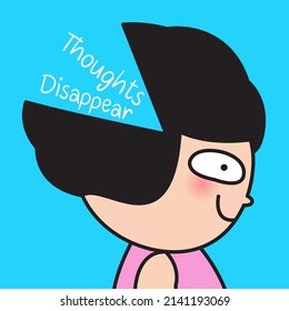 Happy Girl With Her Thoughts Disappear From Head. Woman Is Clearing Her Thoughts. Stop Thinking About Something Concept Card Character illustration