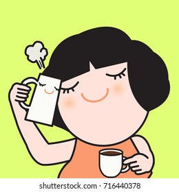 Happy Girl With Her Water Kettle While Holding A Cup Of Coffee In Hand Concept Card Character illustration