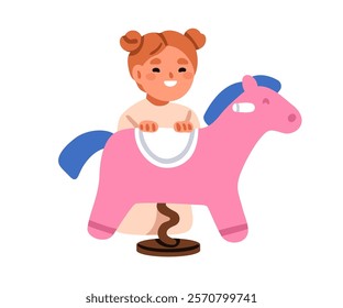 Happy girl hiding behind rocking horse toy. Cute smiling child playing game, having fun. Joyful excited laughing preschool kid peeping. Flat vector illustration isolated on white background