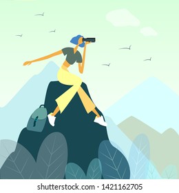 Happy girl hiking in mountains with binoculars and leading healthy lifestyle cartoon vector illustration