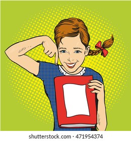 Happy girl hold a book in her hands. Vector illustration in comic retro pop art style. Back to school concept template.