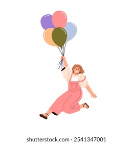 Happy girl holding air balloons in hand, soaring up with joy. Festive young female celebrating holiday with helium baloons, rising high. Flat graphic vector illustration isolated on white background