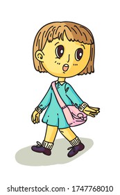 Happy Girl Holding Bag Walking Isolated On White Background. Cute Schoolgirl Crossing Road. Pretty Child Moving Ahead. Back To School And Study. Education, Childhood. Side View. Vector Design