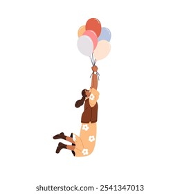 Happy girl holding balloons on string, soaring high in air with joy and fun. Joyful funny woman flying, lifting up with helium baloons. Flat graphic vector illustration isolated on white background