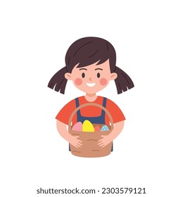 Happy girl holding basket with colorful Easter eggs, cartoon flat vector illustration isolated on white background. Egg hunt for children. Spring holiday celebration.