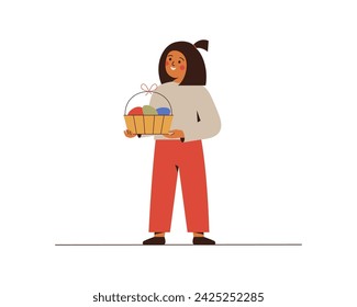 Happy girl holding the basket full of colorful chocolate eggs. female child celebrating Easter holiday and hunting sweets. Vector illustration